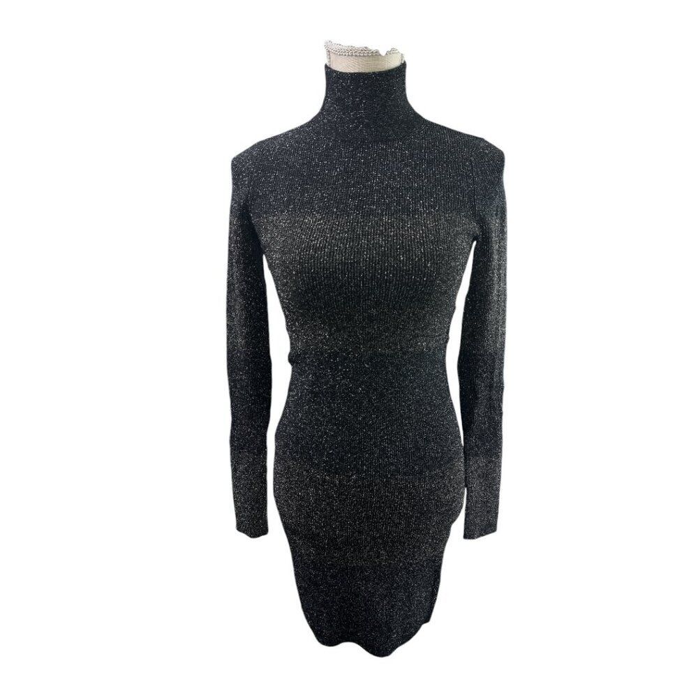 A.L.C. Sweater Dress Metallic Black Mock Neck Stretch Knit Wool Blend sz xs